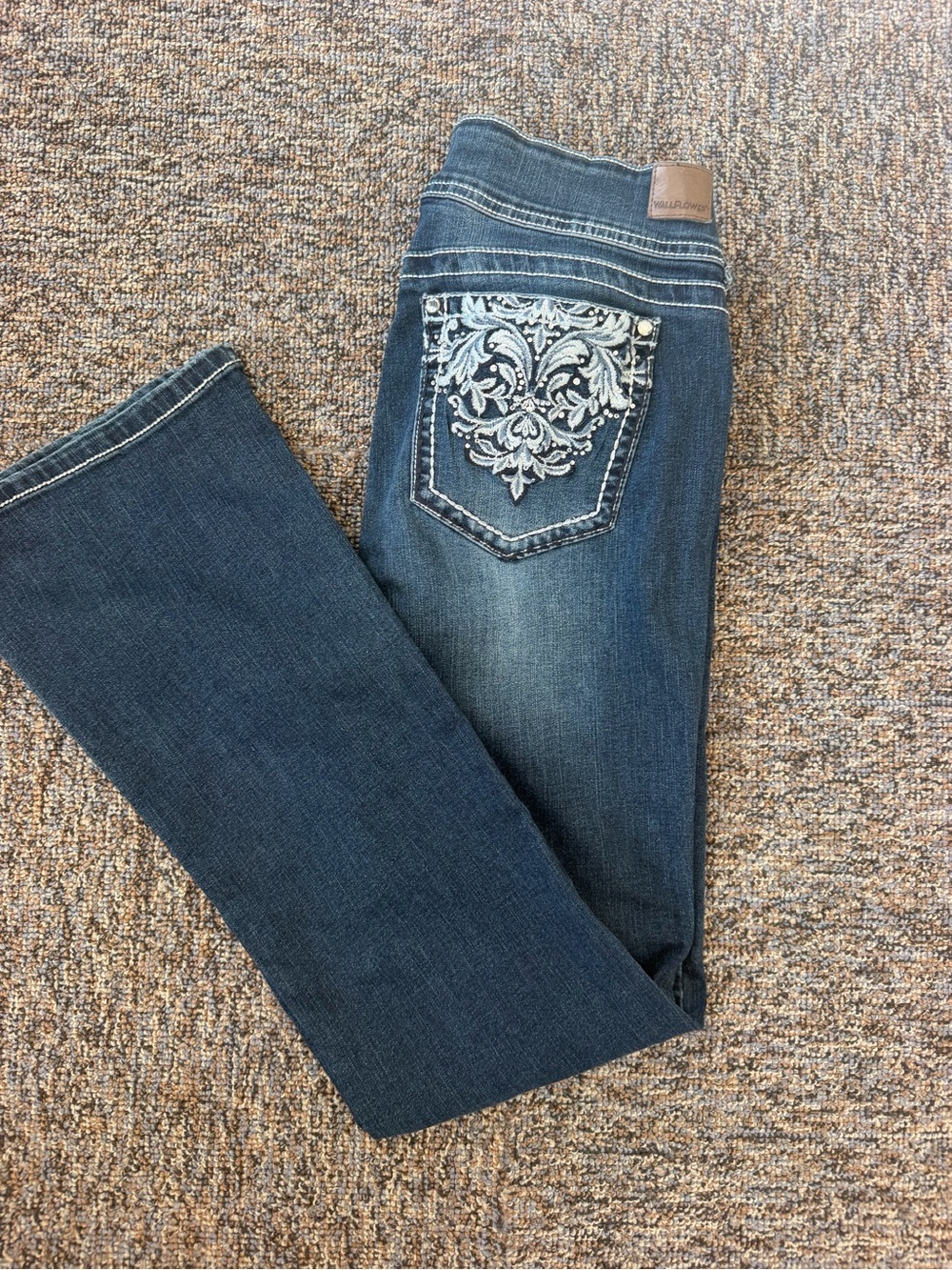 Wallflower Dark Blue Boot Cut Jeans with White Embroidered Pocket Curvy Fit 11